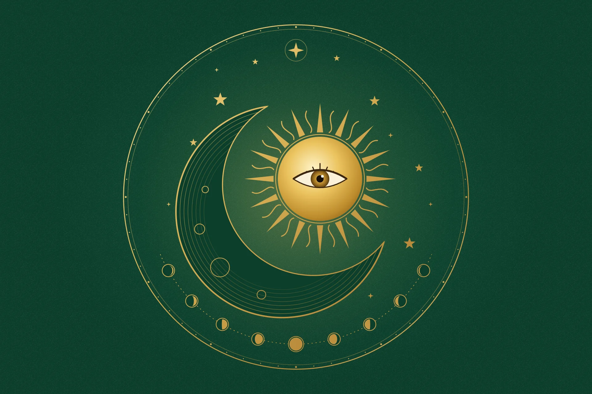 Ilustração em dourado: a lua crescente abraça o sol, que tem um olho no centro, cercados pelas fases da lua e por estrelas