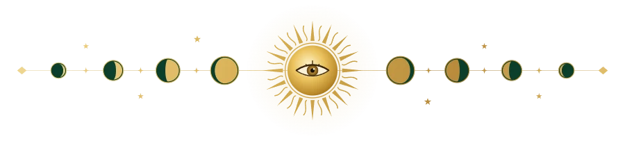 Ilustração em dourado: o sol com um olho no centro e as fases da lua crescendo e minguando dos dois lados
