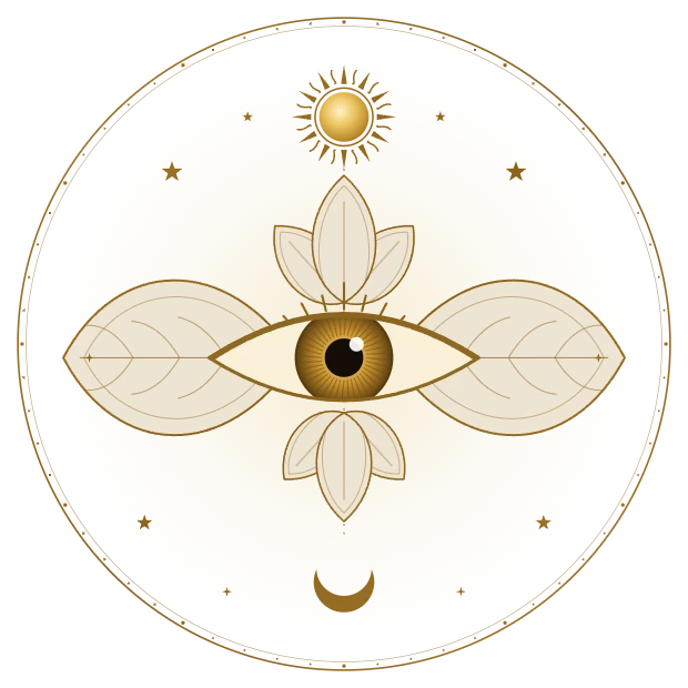 Ilustração em dourado do terceiro olho entre pétalas de lótus, com o sol acima e a lua abaixo